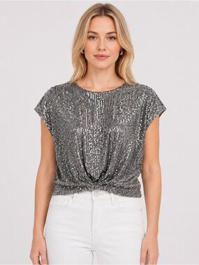 Ann Taylor LOFT Silver Gray Sequin Stretch Cap Sleeve Crop Holiday Blouse Size L